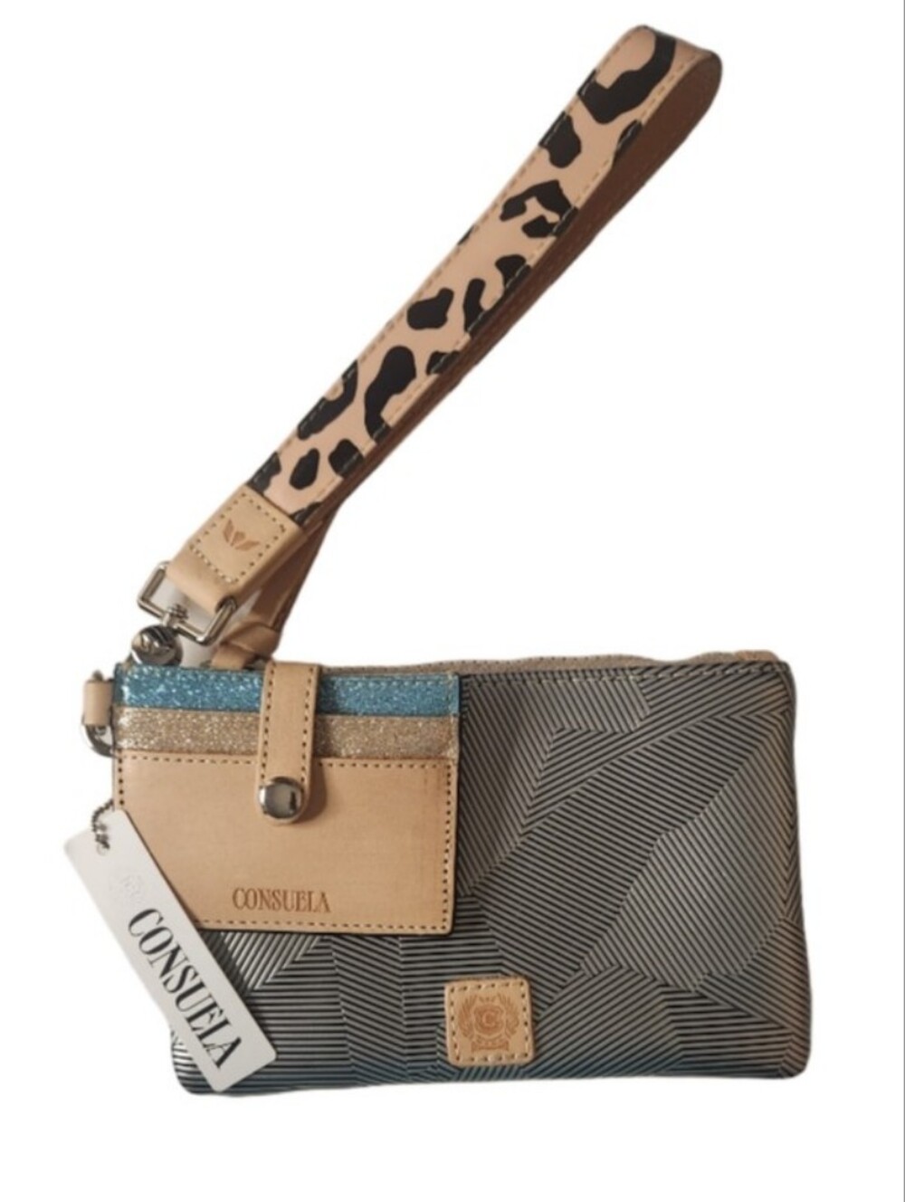 Consuela Black & Beige Geo Wristlet with Blue Glitter Zip Nwt